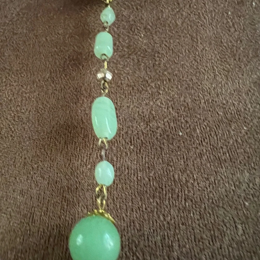 Vintage Faux Jade Green Glass Beaded Long Flapper Necklace 46 Inch Cottagecore